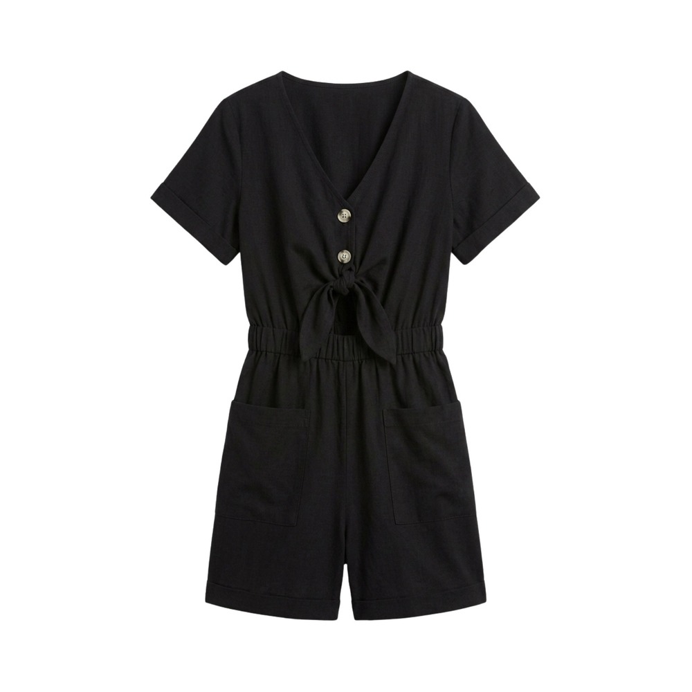 Unbranded Romper Women Large Black Tie Front‎ Keyhole V-Neck Short Sleeve Pocket